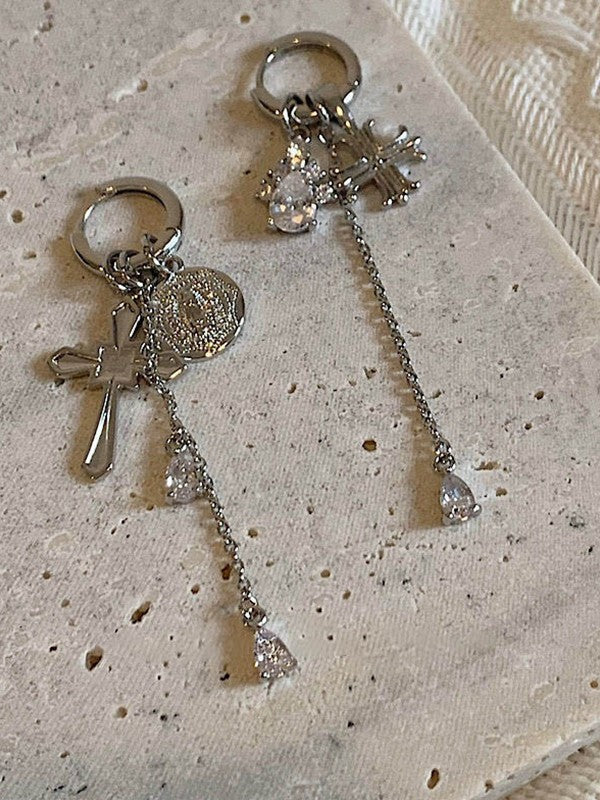 Cross Pendant Zircon Tassel Hoop Earrings