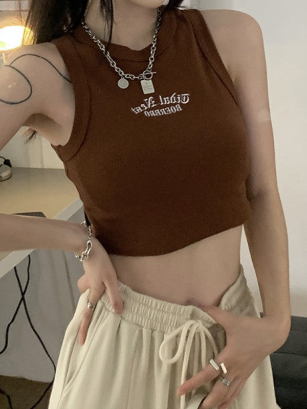 Letter Embroidery Ribbed Cropped Tank Top