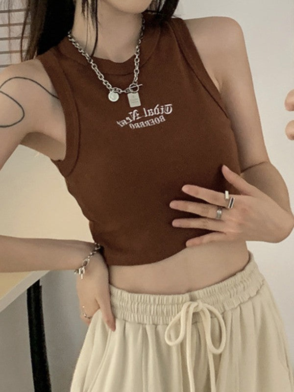 Letter Embroidery Ribbed Cropped Tank Top