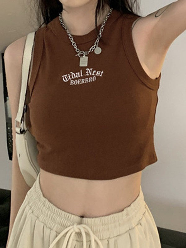 Letter Embroidery Ribbed Cropped Tank Top