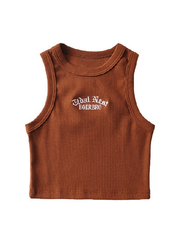 Letter Embroidery Ribbed Cropped Tank Top