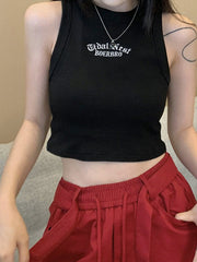 Letter Embroidery Ribbed Cropped Tank Top