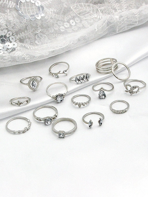 15pcs Rhinestone Silver Ring Set