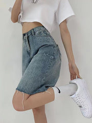 Knee Length Raw Hem Denim Shorts