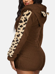 Leopard Bear Hooded Cute Fuzzy Romper
