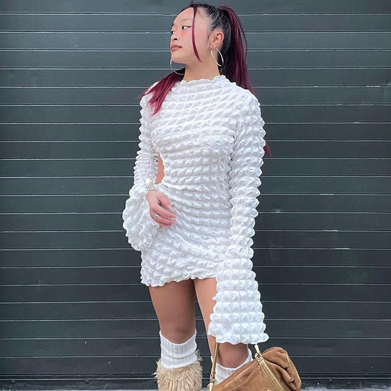 Adorable Popcorn Texture Cut Out Long Sleeve Bodycon Mini Dresses - White