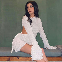 Adorable Popcorn Texture Cut Out Long Sleeve Bodycon Mini Dresses - White