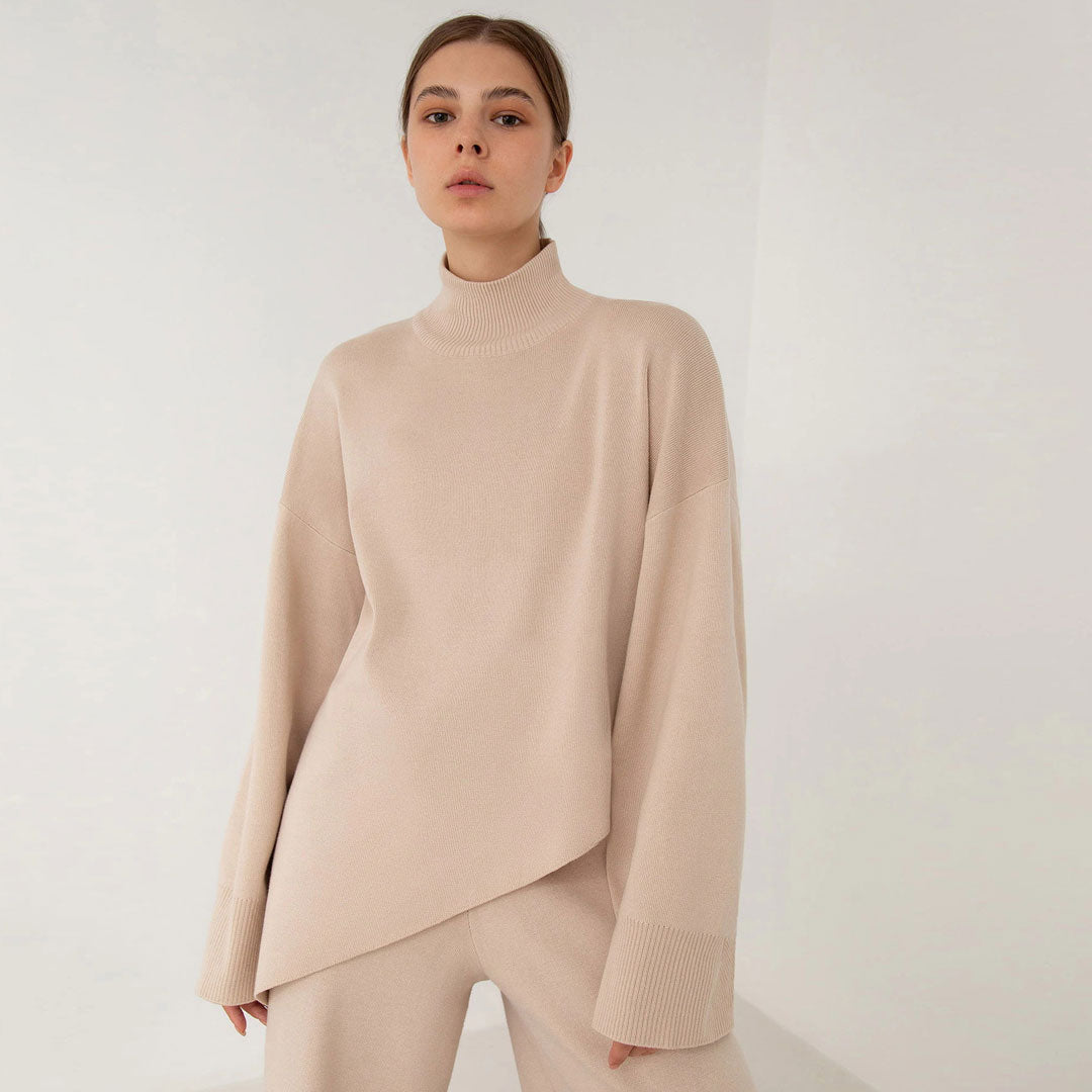 High Neck Bell Sleeve Sweater Wide Leg Pants Matching Set - Apricot