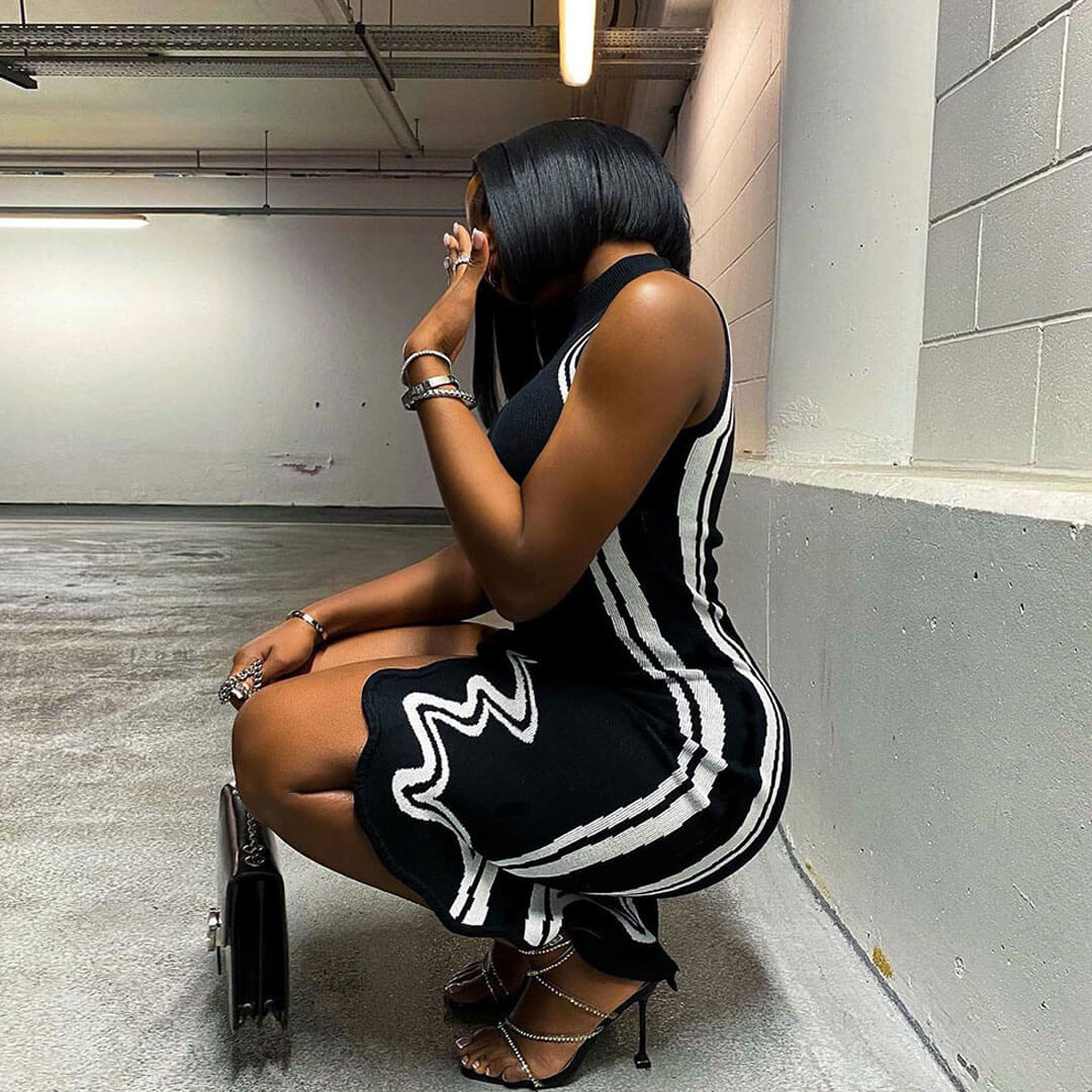 Contrast High Neck Sleeveless Sweater Midi Dresses - Black