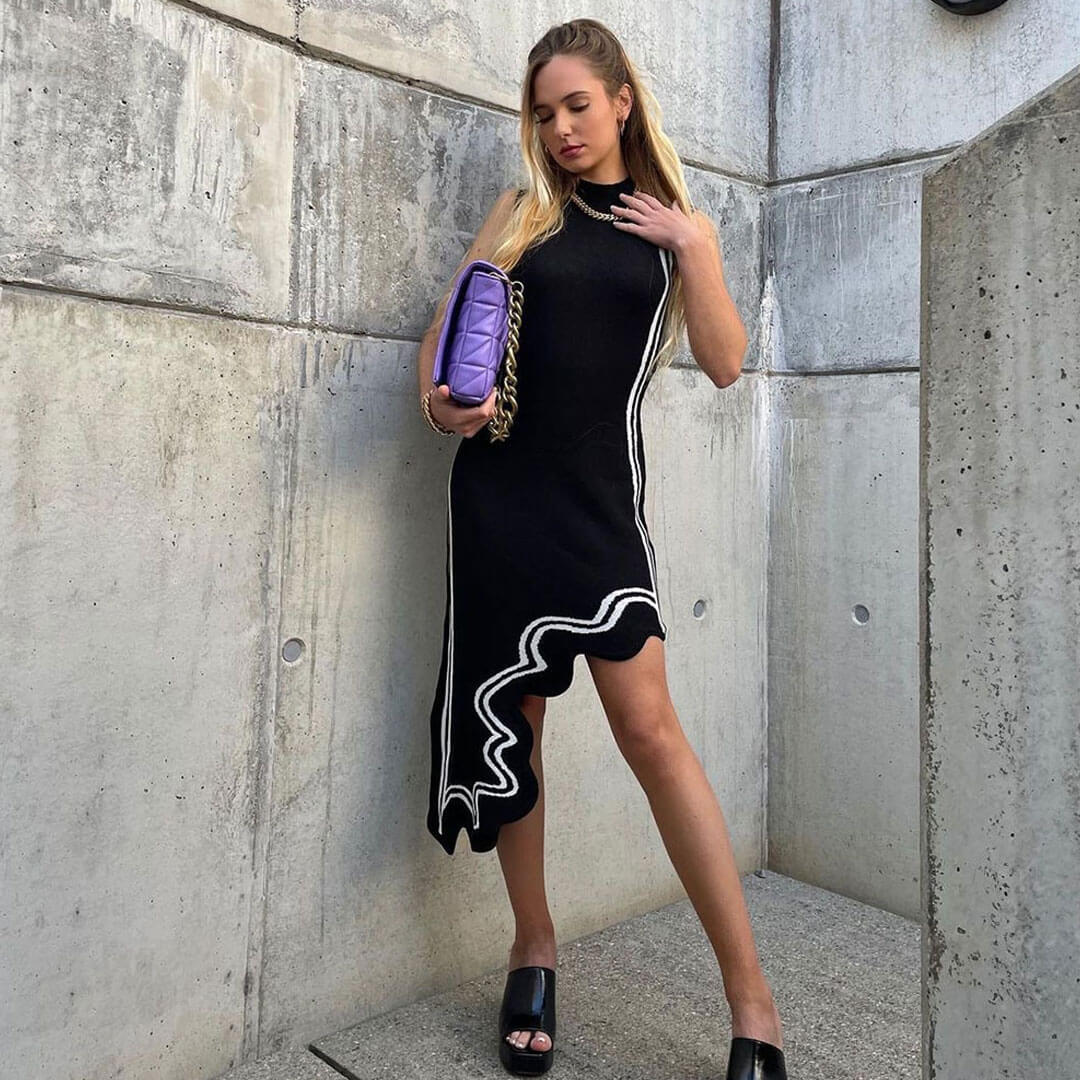 Contrast High Neck Sleeveless Sweater Midi Dresses - Black