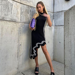 Contrast High Neck Sleeveless Sweater Midi Dresses - Black