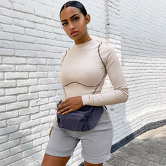 Crew Neck Contrast Seamed Long Sleeve Bodysuit - Apricot