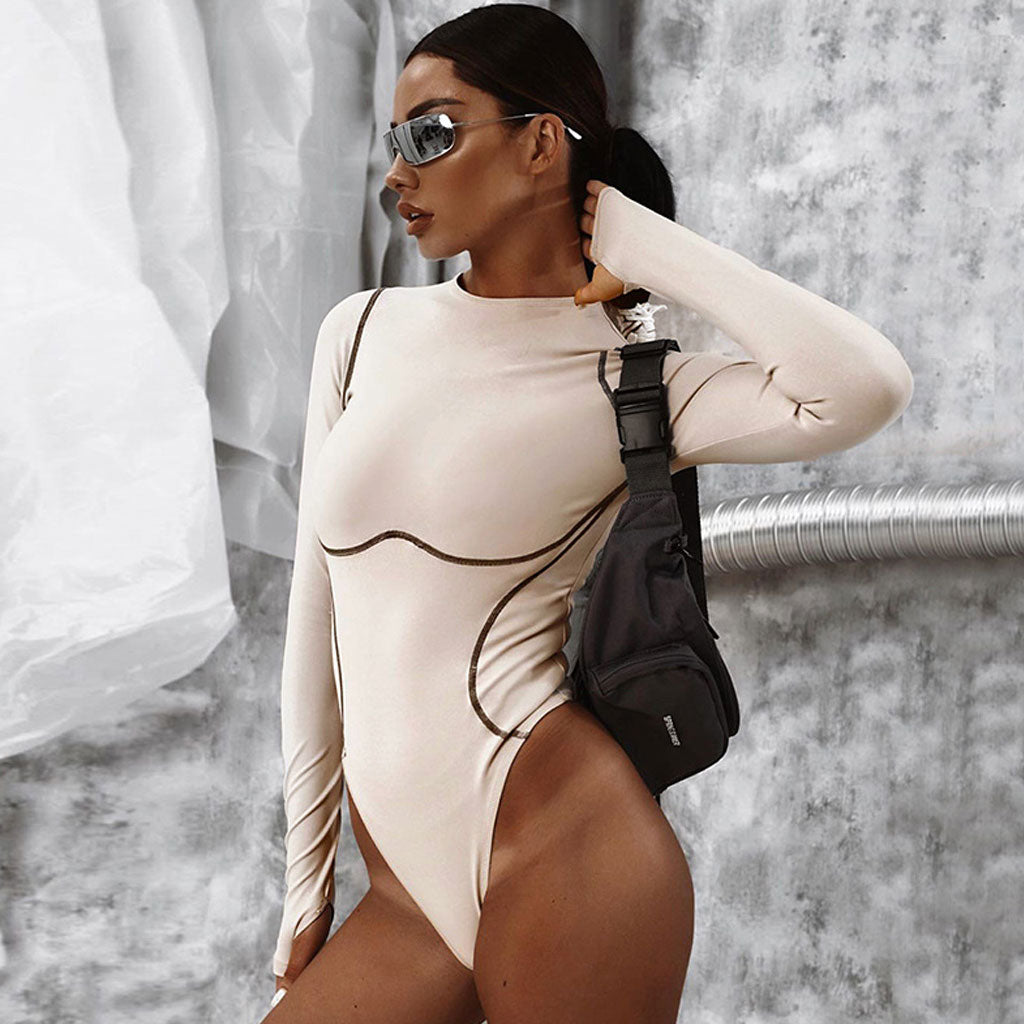Crew Neck Contrast Seamed Long Sleeve Bodysuit - Apricot