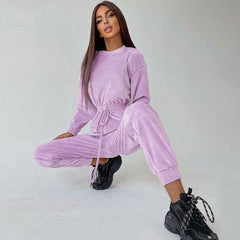 Crew Neck Long Sleeve Velvet Jogger Jumpsuit - Lilac