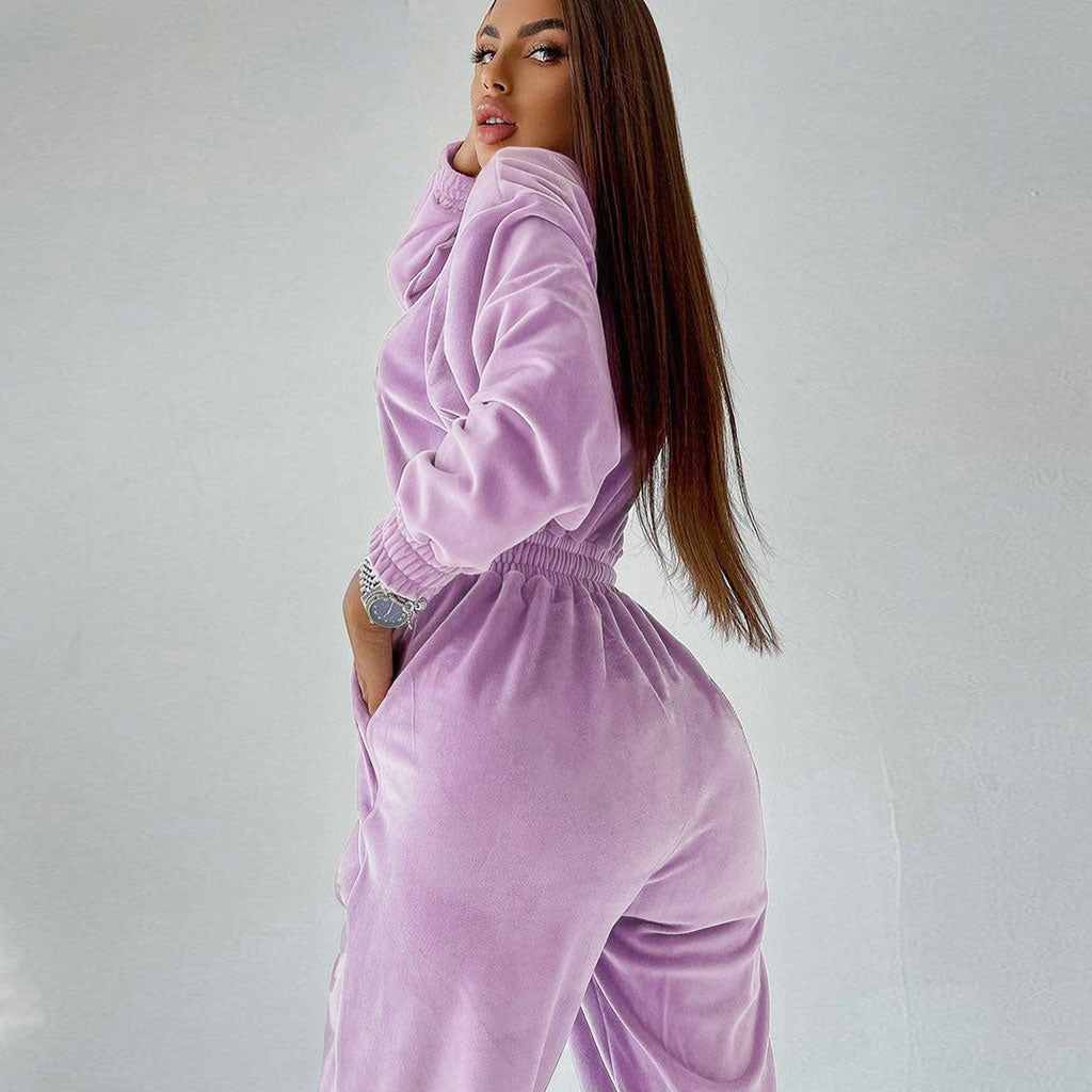 Crew Neck Long Sleeve Velvet Jogger Jumpsuit - Lilac