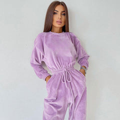 Crew Neck Long Sleeve Velvet Jogger Jumpsuit - Lilac