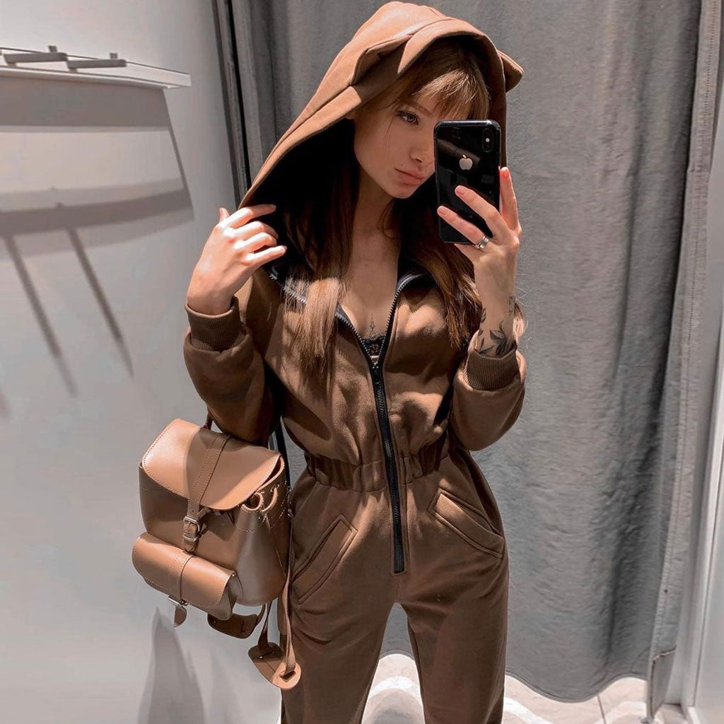 Kitty Hooded Zip Up Long Sleeve Jumpsuit - Khaki