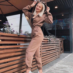 Kitty Hooded Zip Up Long Sleeve Jumpsuit - Khaki
