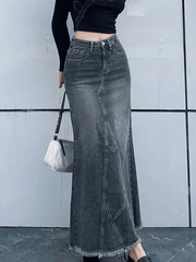 Back Slit Patchwork Long Denim Skirt