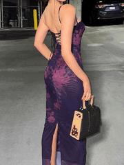 Lace Trim Vintage Print Slit Maxi Dresses