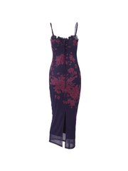 Lace Trim Vintage Print Slit Maxi Dresses