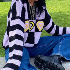 Heart Checkered Long Sleeve Sweater - Purple