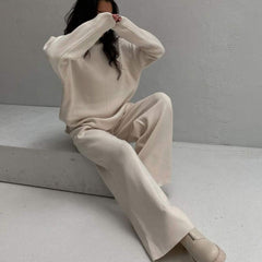 High Neck Rib Knit Pullover Sweater Wide Leg Pants Matching Set - Beige