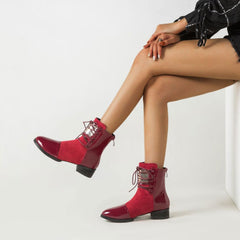 Contrast Panel Metal Trim Lace Up Ankle Boots - Red