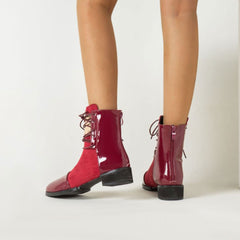 Contrast Panel Metal Trim Lace Up Ankle Boots - Red