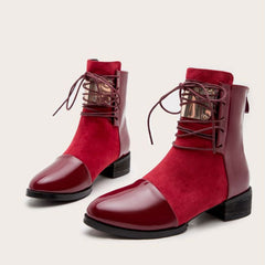 Contrast Panel Metal Trim Lace Up Ankle Boots - Red
