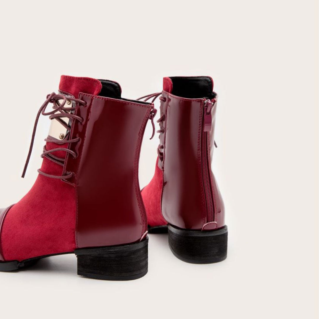 Contrast Panel Metal Trim Lace Up Ankle Boots - Red