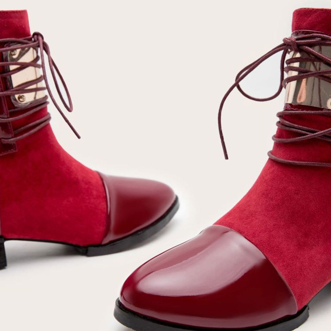 Contrast Panel Metal Trim Lace Up Ankle Boots - Red