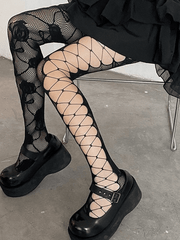 Criss Cross Cutout Floral Mesh Tights