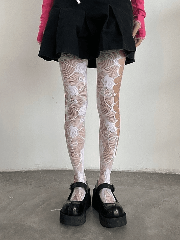 Criss Cross Cutout Floral Mesh Tights