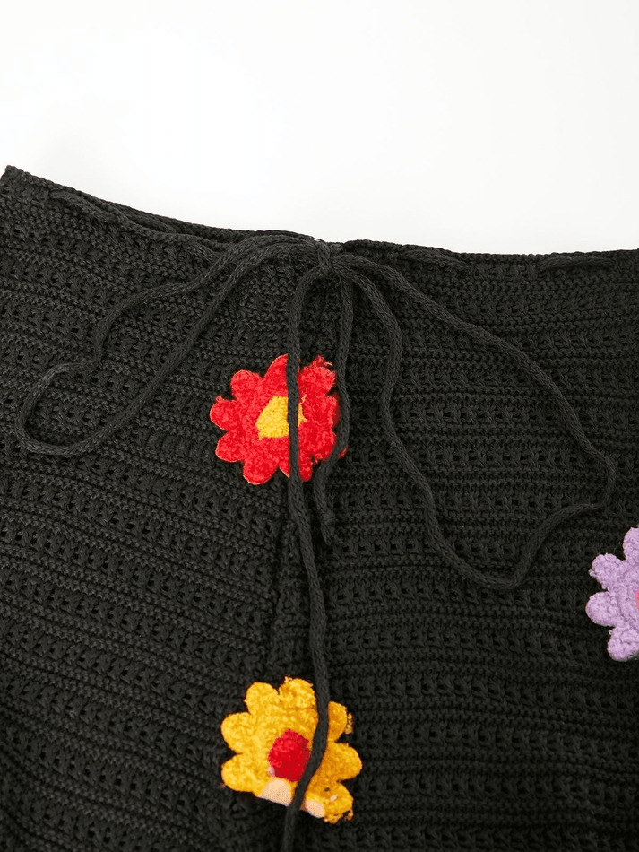 Crochet Knit Flower Straight-Leg Pants