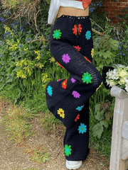 Crochet Knit Flower Straight-Leg Pants