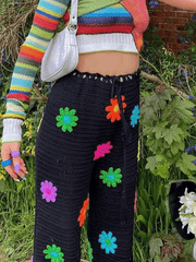 Crochet Knit Flower Straight-Leg Pants