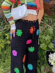 Crochet Knit Flower Straight-Leg Pants