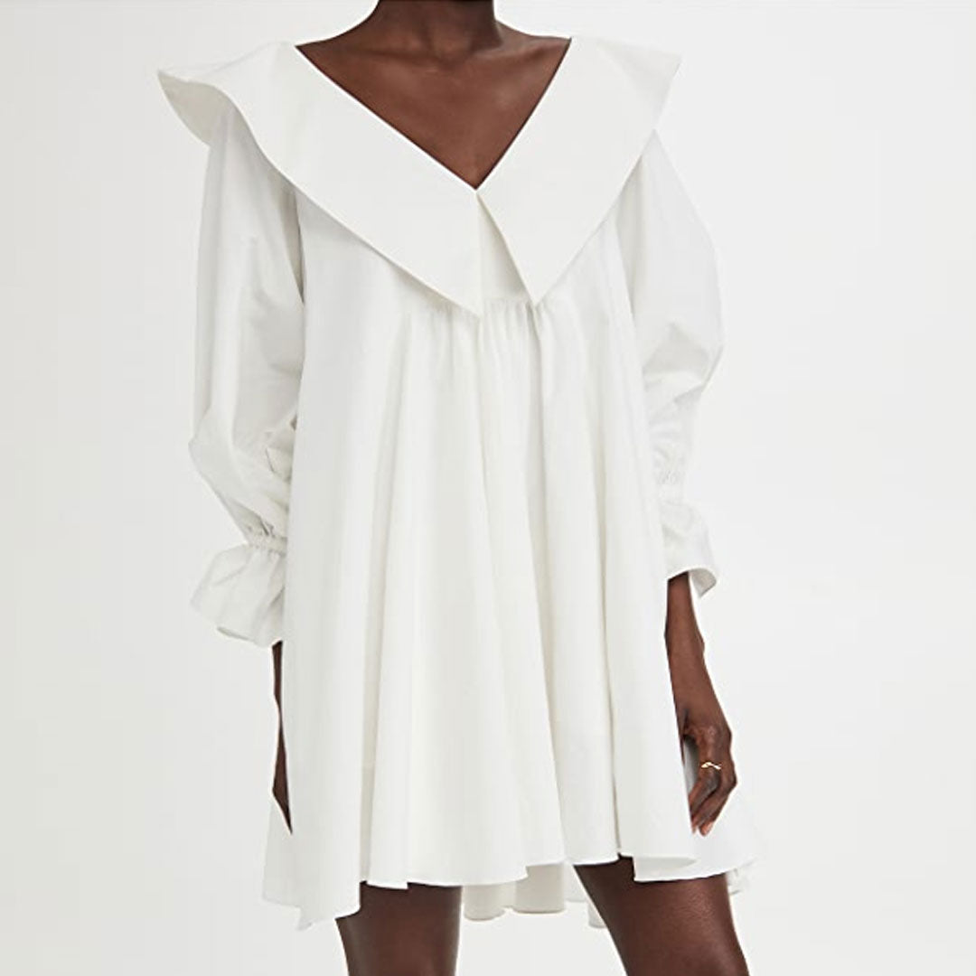 Cute Chelsea Collar V Neck Balloon Sleeve Babydoll Mini Dresses - White