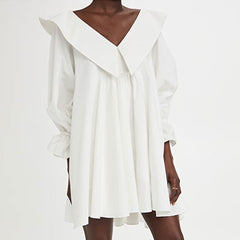 Cute Chelsea Collar V Neck Balloon Sleeve Babydoll Mini Dresses - White