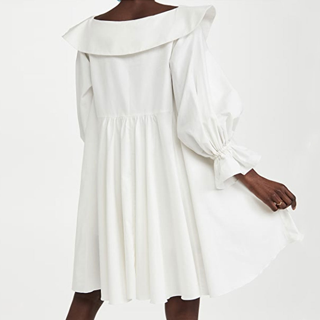 Cute Chelsea Collar V Neck Balloon Sleeve Babydoll Mini Dresses - White