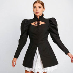 Cute Cut Out Ruffle Long sleeve Blouse - Black