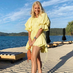 Cute Puff Sleeve Tied Ruffle Babydoll Mini Dresses - Yellow