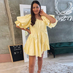 Cute Puff Sleeve Tied Ruffle Babydoll Mini Dresses - Yellow