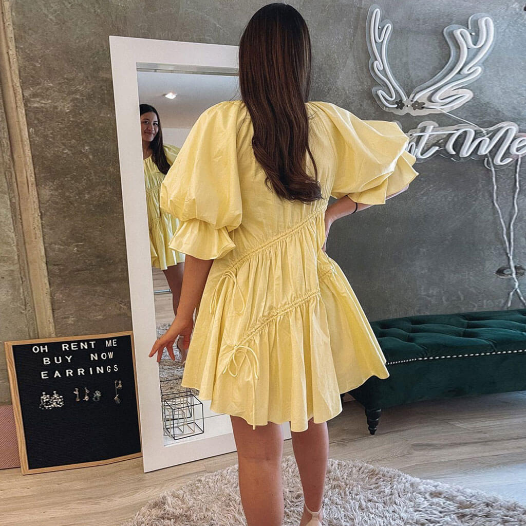 Cute Puff Sleeve Tied Ruffle Babydoll Mini Dresses - Yellow