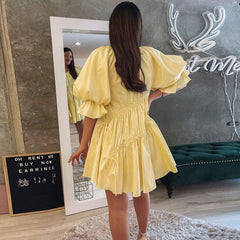 Cute Puff Sleeve Tied Ruffle Babydoll Mini Dresses - Yellow