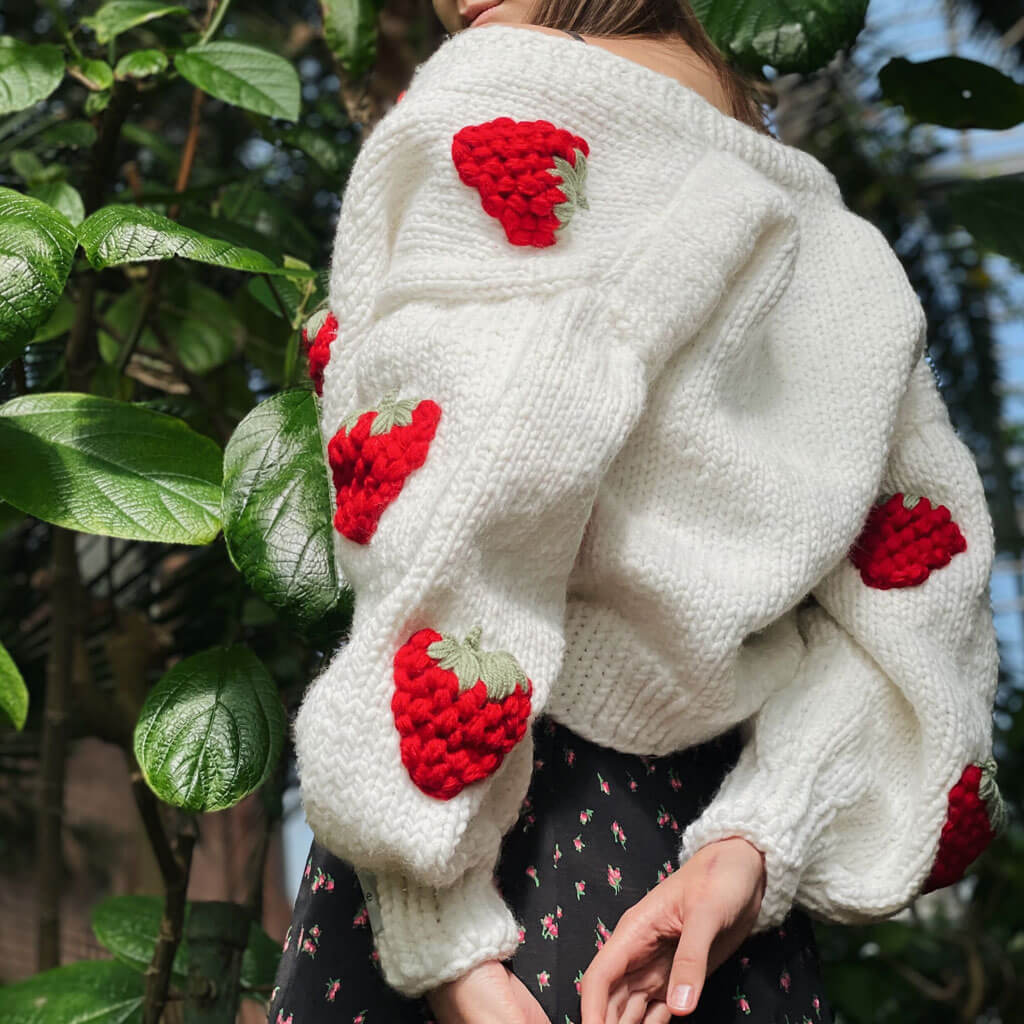 Cute Strawberry Studded Bishop Sleeve Cardigan - White
