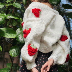 Cute Strawberry Studded Bishop Sleeve Cardigan - White
