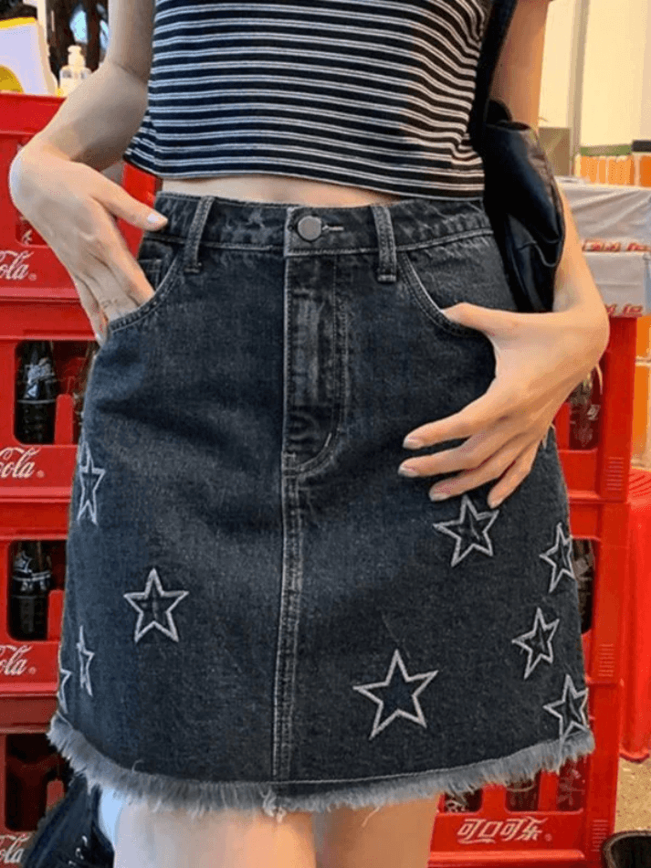 Distressed Embroid Distressed Star Embroidery Mini Denim Skirt – Pyd Shop