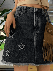 Distressed Star Embroidery Mini Denim Skirt